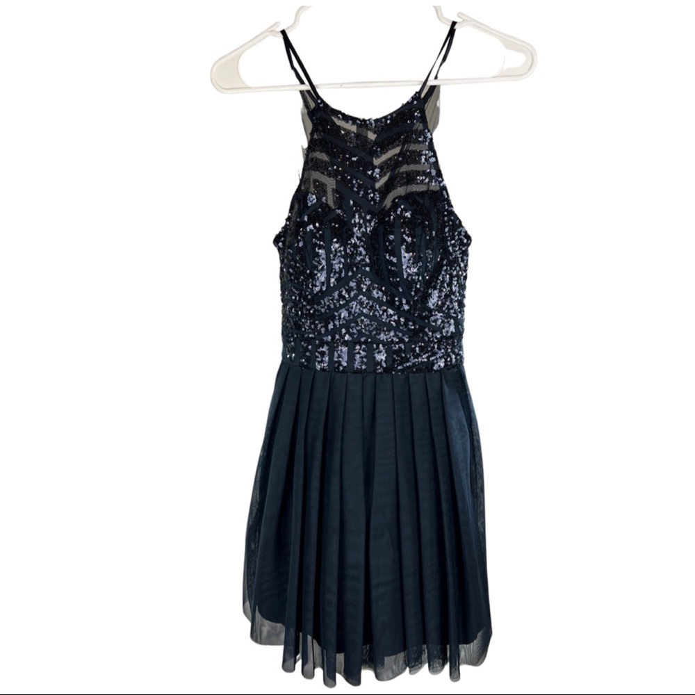 B. Darlin Dark Blue Sequin Spaghetti Strap Dress pleated skirt portion of dress